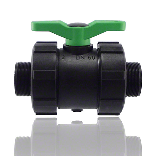 2-ways ball valve PPGF, male thread, FPM = green handle