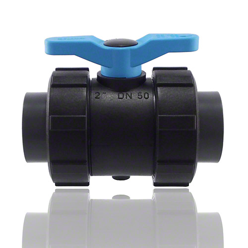 2-ways ball valve PPGF, PVC-U metric sockets, FEP/FFPM&nbsp; = blue handle