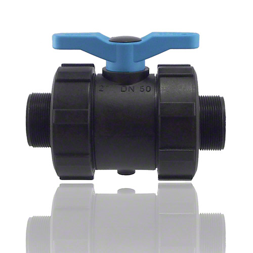 2-ways ball valve PPGF, male thread, FEP/FFPM = blue handle