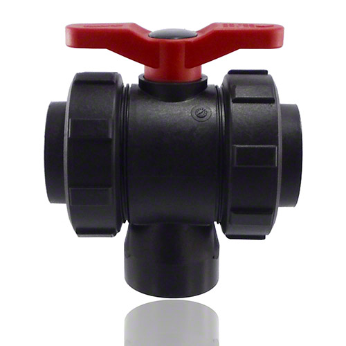 3-ways ball valve PPGF,&nbsp; female thread, EPDM = red handle