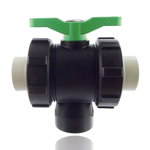 3-ways ball valve PPGF, PP-sleeves, FPM&nbsp; = green handle