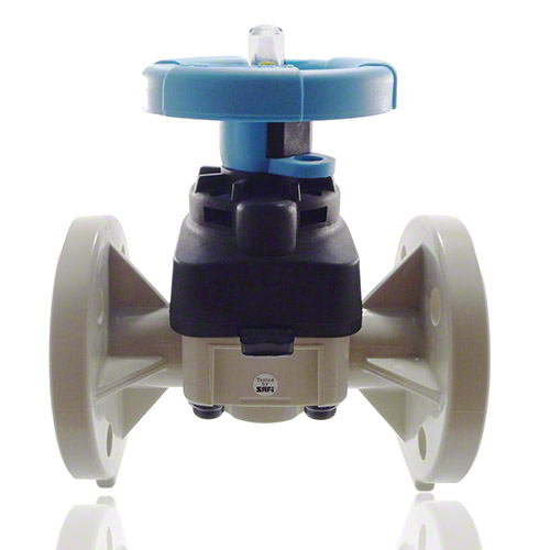 diaphragm valve PP-H, DIN-flanges, FPM = green handle