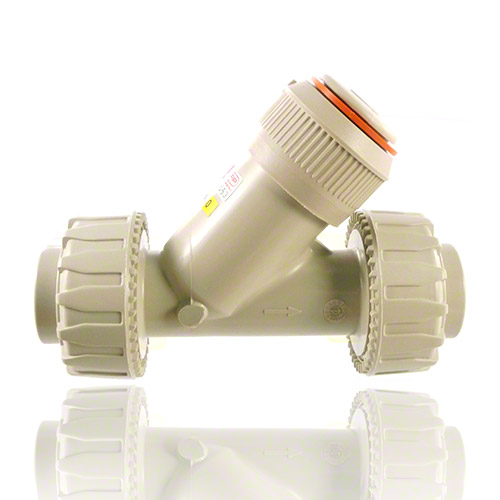 PP Sediment strainer with female union ends for socket welding, metric series, FPM