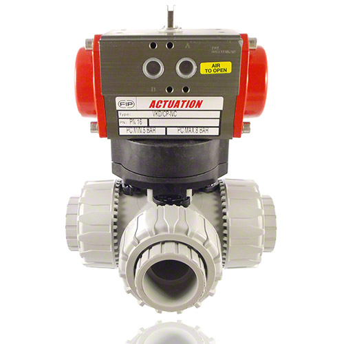 PVC-C 3-Way Ball Valve / L-bore ball, Pneumatically&nbsp; actuated, plain female ends, SA - single acting, FPM