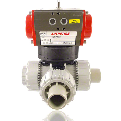 PVC-C 3-Way Ball Valve / T-bore ball, Pneumatically&nbsp; actuated, plain male ends, DA - double acting, FPM