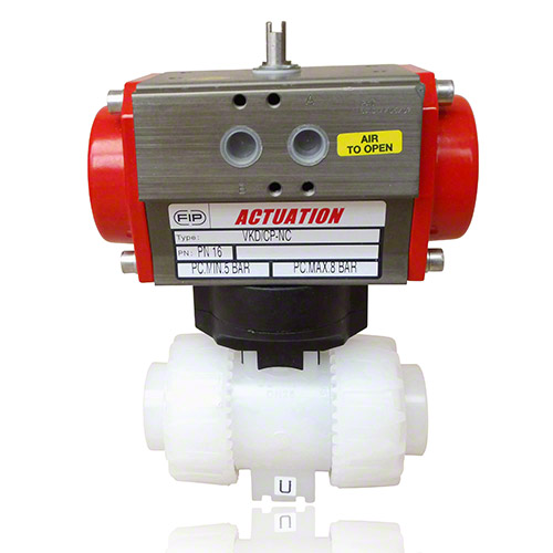 PVDF 2-Way Ball Valve, Dual Block, Pneumatically actuated, plain female ends, NC, FPM