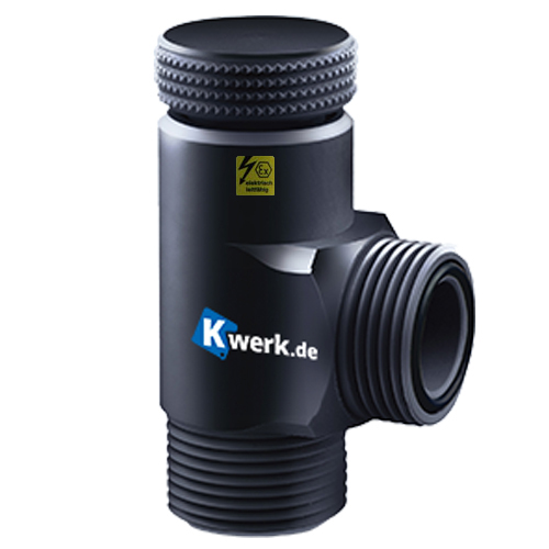 Needle valve made of PE-el, FPM seal, with angled bore external thread