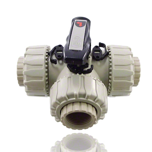 PP&nbsp; 3-Way Ball Valve with BSP threaded female ends, T-port ball, FPM
