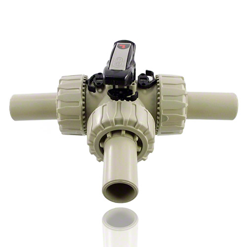 PP&nbsp; 3-Way Ball Valve with long spigot, for butt welding, metric series. T-port ball, FPM