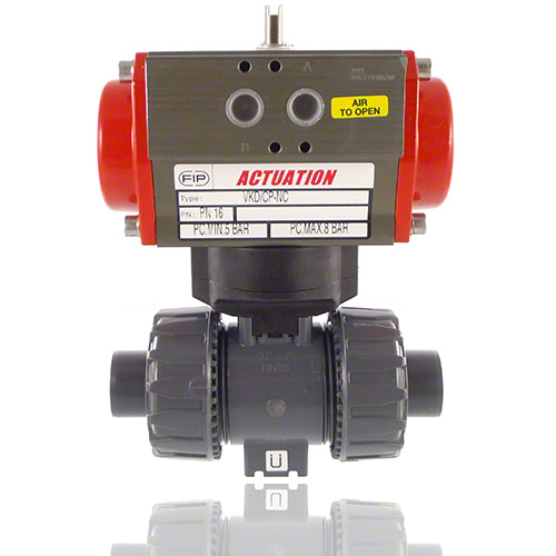 PVC-U 2-Way Ball Valve, Dual Block, Pneumatically actuated, plain male ends, NC, FPM