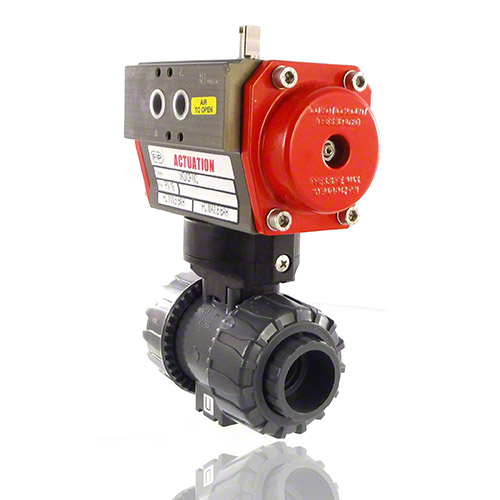 PVC-U 2-Way Ball Valve, Dual Block, Pneumatically actuated, plain female ends, NO, FPM