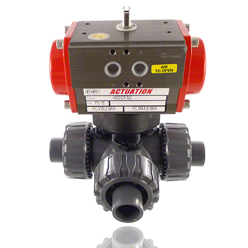 PVC-U 3-Way Ball Valve / L-bore ball, Pneumatically&nbsp; actuated, plain male ends, SA - single acting, EPDM