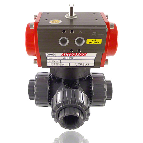 PVC-U 3-Way Ball Valve / T-bore ball, Pneumatically&nbsp; actuated, threaded female ends, SA - single acting, FPM
