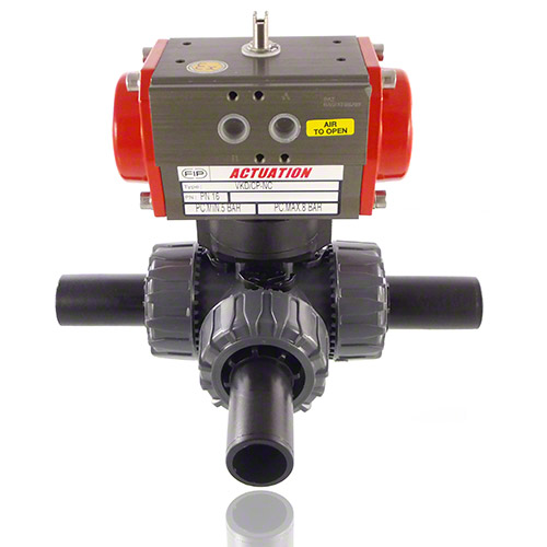 PVC-U 3-Way Ball Valve / T-bore ball, Pneumatically&nbsp; actuated, PE100 SDR 11 male end, SA - single acting, FPM