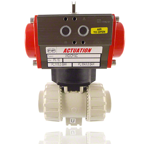 PP 2-Way Ball Valve, Dual Block, Pneumatically actuated, plain female ends, NC, EPDM