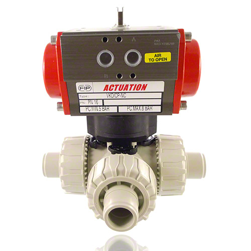 PP 3-Way Ball Valve / L-bore ball, Pneumatically&nbsp; actuated, plain male ends, DA - double acting, FPM