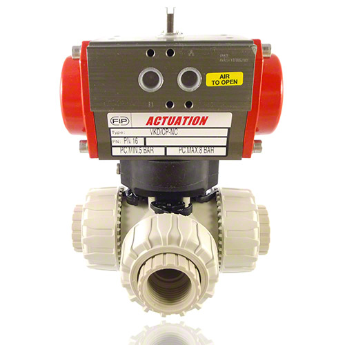 PP 3-Way Ball Valve / T-bore ball, Pneumatically&nbsp; actuated, threaded female ends, DA - double acting, FPM