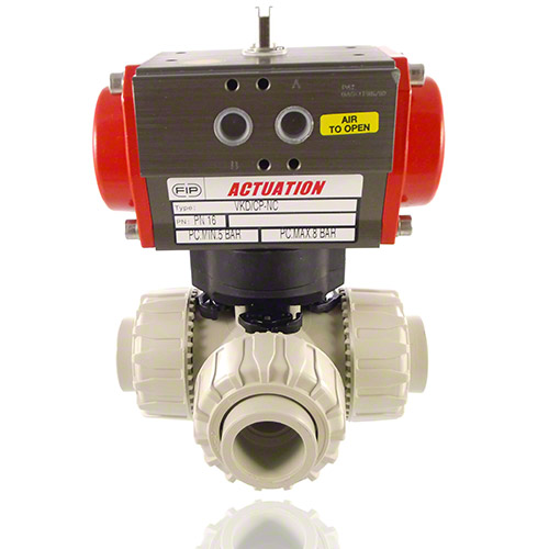 PP 3-Way Ball Valve / T-bore ball, Pneumatically&nbsp; actuated, plain female ends, SA - single acting, FPM
