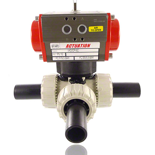 PP 3-Way Ball Valve / T-bore ball, Pneumatically&nbsp; actuated, PE100 SDR 11 male end, SA - single acting, EPDM