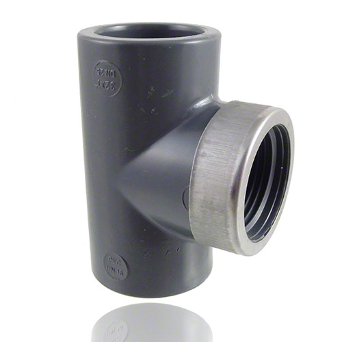 PVC-U Tee 90&deg;, socket - threaded female, with stainless steel reinforcing ring