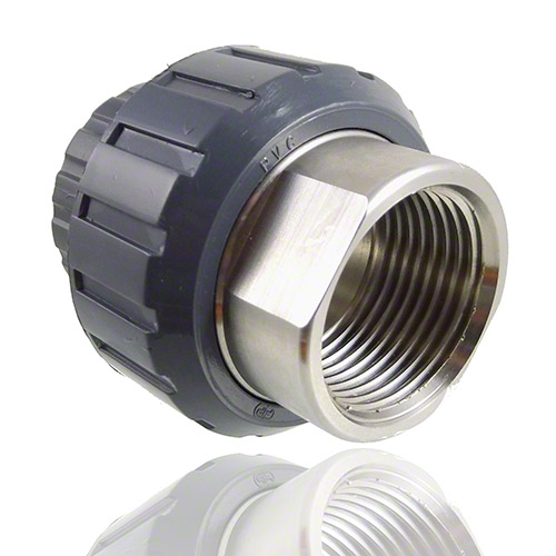 PVC-U / stainless steel&nbsp; - Adaptor union, solvent weld socket, threaded female, EPDM