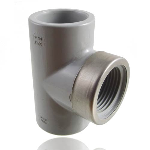 PVC-C Tee 90&deg;, socket - threaded female, with stainless steel reinforcing ring