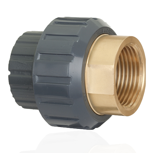 PVC-U / brass&nbsp; - Adaptor union, solvent weld socket, BSP threaded female, EPDM