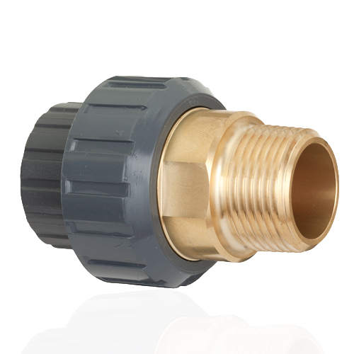 PVC-U / brass&nbsp; - Adaptor union, solvent weld socket, BSP threaded male, EPDM