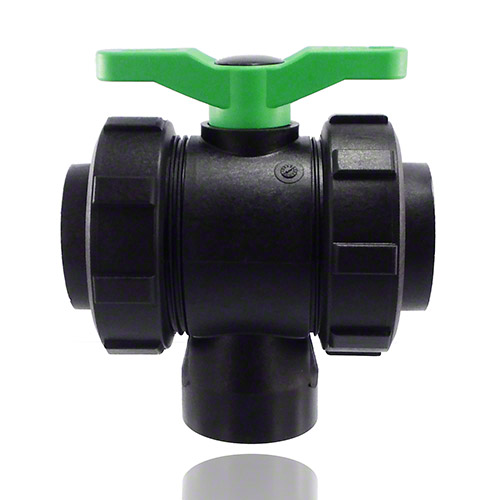 3-ways ball valve PPGF, female thread, FPM = green handle