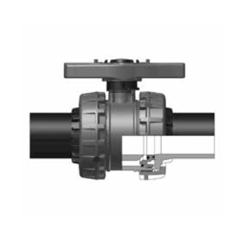 PVC-U 2-Way ball valve, Easyfit VXEFV d 75 - d 110 mm, PE100 SDR 11 male end connectors for butt welding or electrofusions, EPDM