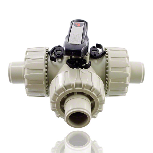 PP&nbsp; 3-Way Ball Valve with male ends for socket welding, metric series. L-port ball, EPDM